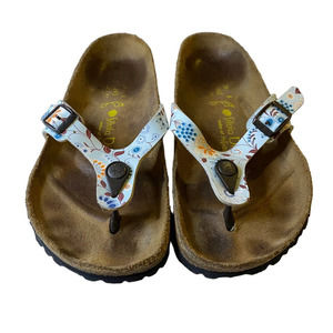 Birkenstock White Floral Thong Sandals with Blue & Orange Accents - Women